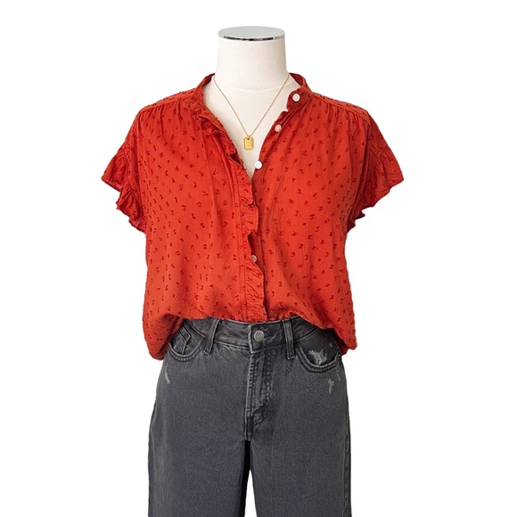 LOFT Ruffle Swiss Dot Button Up Blouse Short Sleeve Burnt Orange Sz S - Picture 5 of 15